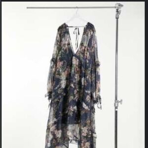 ASOS Design Curve ruched tiered midi dress in navy floral print with lace trim